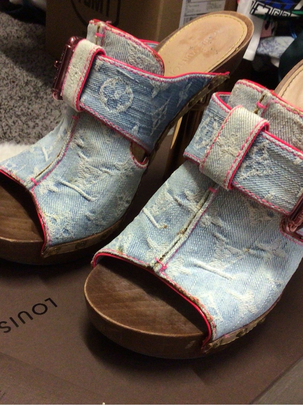 Louis Vuitton Light Blue Denim Open-Toe Mules with Pink Trim